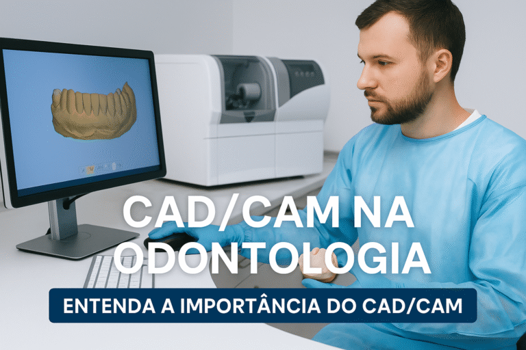 Imagem ilustrativa de técnico em prótese dentária utilizando tecnologia CAD/CAM em laboratório odontológico.