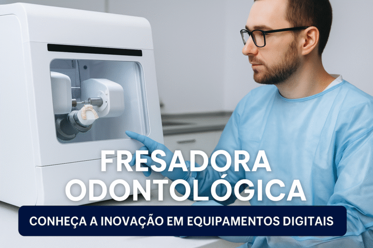 Imagem ilustrativa de fresadora odontológica em uso por técnico em prótese dentária.