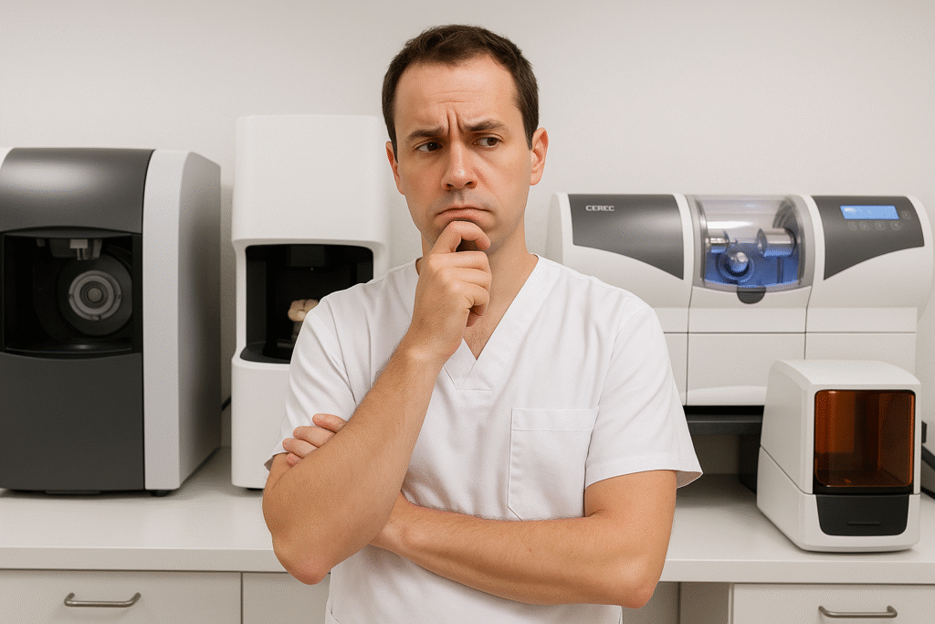 Técnico em prótese dentária pensativo diante de várias fresadoras digitais em um laboratório odontológico.

